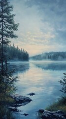 Fototapeta premium Serene lakeside landscape with misty reflections and lush trees under a cloudy sky.