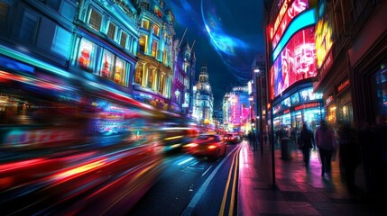 Obraz premium Vibrant City Lights at Night with Colorful Signs and Busy Streets