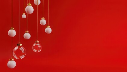 White and clear glass ornaments hanging against a red background.
