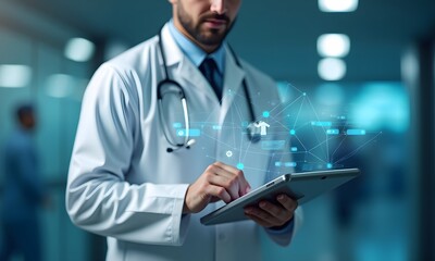A doctor smiling while using a tablet in a hospital setting representing advanced health care, Generative AI