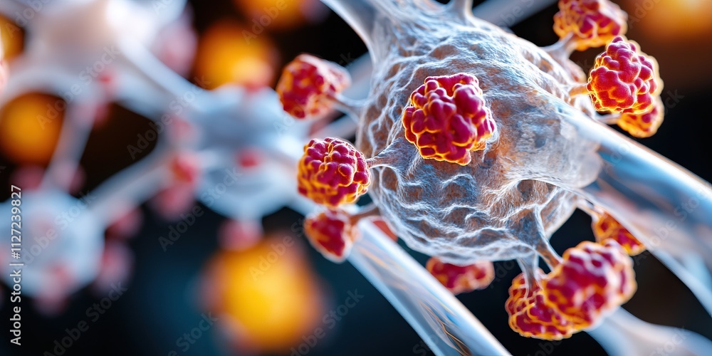 Poster a close-up view of a cell with red and orange elements, illustrating cellular structures and possibl