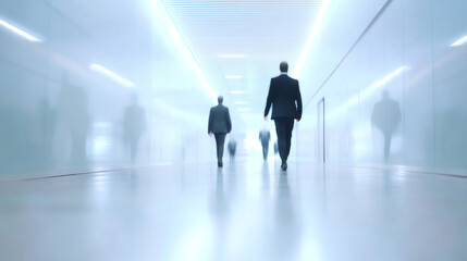 Businesspeople walking through a bright, white corridor in a modern office building, showcasing a clean and minimal architectural design