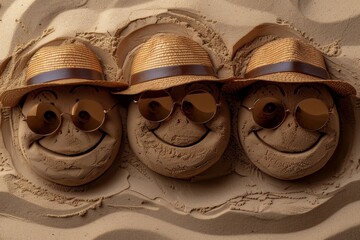 Joyful summer beach scene  smiley face in sand with accessories for a fun vacation vibe