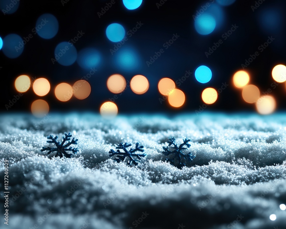 Poster a serene winter scene featuring snowflakes resting on a blanket of snow, illuminated by soft blue an