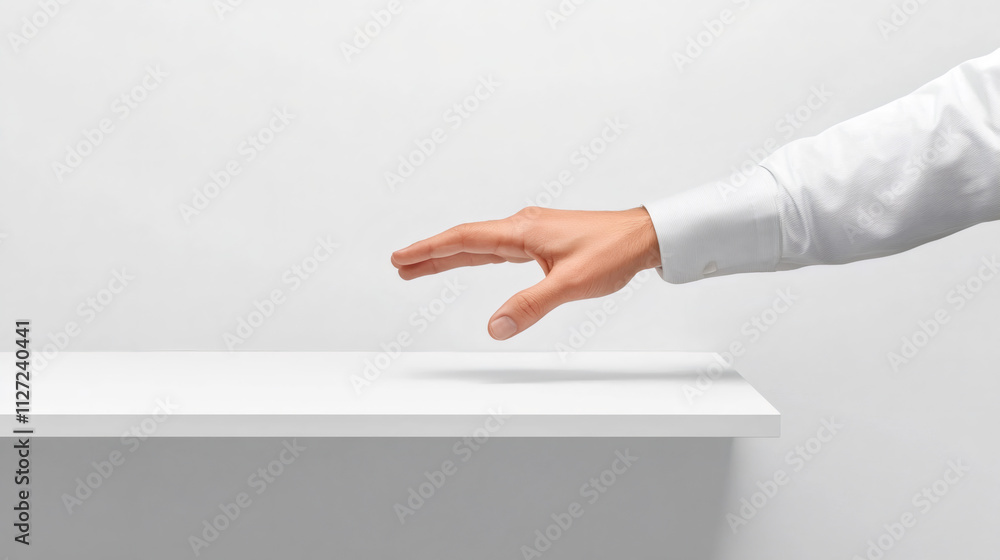 Poster Hand reaching for an unseen item above a white shelf against a blank backdrop, perfect for displaying products or ideas