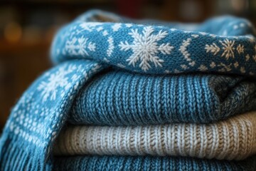 Fototapeta premium Cozy Blue and White Knitted Winter Scarves with Snowflake Pattern on a Stack for Warm Comfort, Winter Clothing Concept