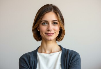 Obraz premium Half-length portrait of a calm and serene female with a neutral background