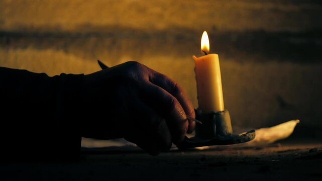 Writing with quill on parchment by candlelight