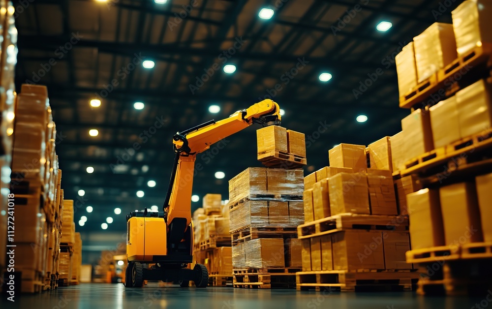 Poster a robotic arm stacks boxes in a warehouse filled with pallets, showcasing automation in logistics an