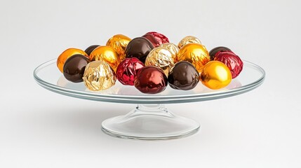 A glass cake stand holds an array of vibrant foil-wrapped candies in different shapes and sizes, creating a cheerful and inviting atmosphere. The bright background enhances the colors