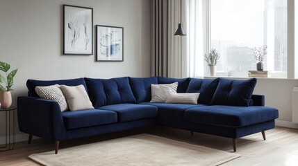 Fototapeta premium Modern navy blue velvet L-shaped sectional sofa in living room.
