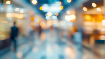 Shoppers in motion: blurry view of an illuminated corridor in a contemporary shopping mall, exuding energy and liveliness