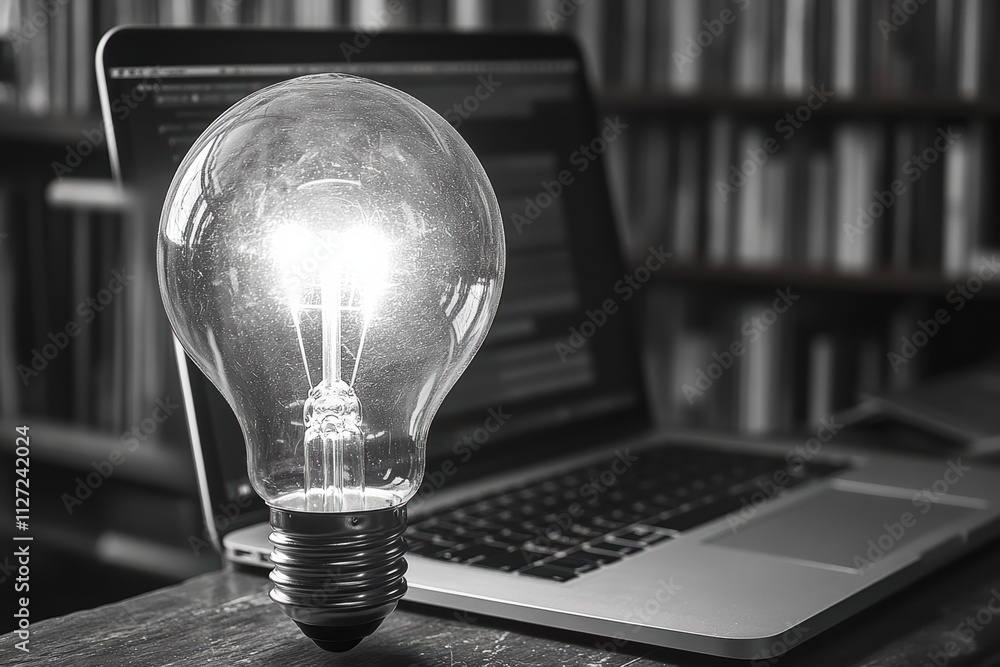 Poster light bulb and laptop in a clean, innovative design, emphasizing creativity and startup concepts.