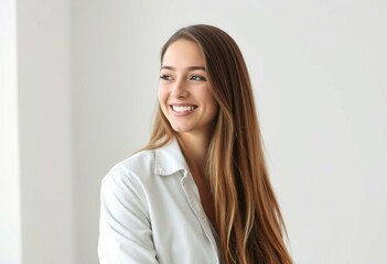 Fototapeta premium A half-length portrait of a smiling woman in a studio setting