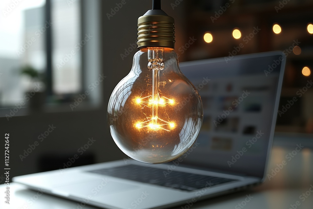 Aufkleber light bulb hovering above a modern laptop, representing creativity and business innovation, captured