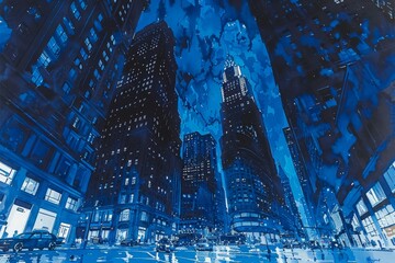 Vibrant abstract artwork depicting dynamic urban skyscrapers in a contemporary style