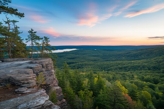 A photo of a breathtaking panoramic view of a forested landscape during what appears to be dusk or dawn