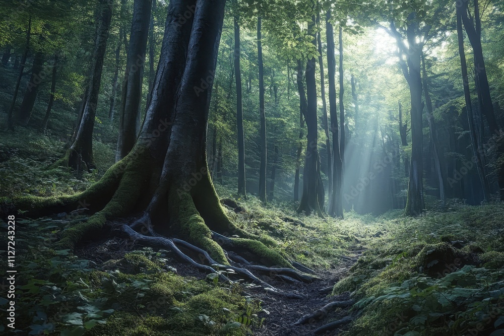 Poster sunlight filtering through tall trees in a tranquil forest setting