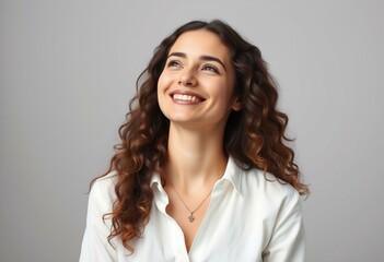 Fototapeta premium Half-length portrait of a smiling female model with soft gray background