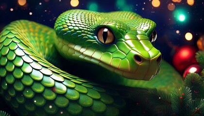Fototapeta premium Green snake elegantly curled among festive decorations with a soft glow in the background during holiday season