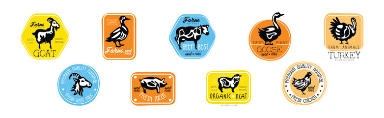 Farm Meat Label and Sticker with Fresh Cattle and Poultry Vector Set