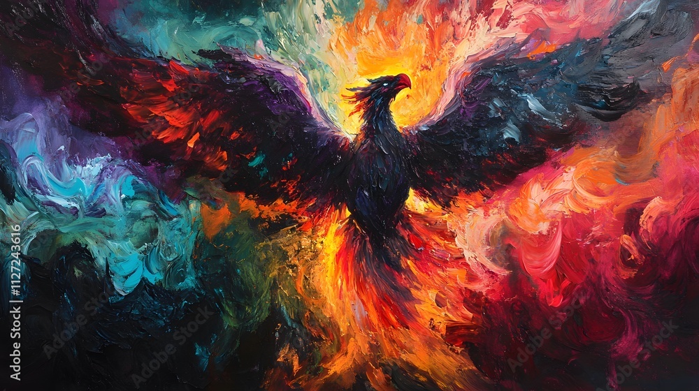 Aufkleber Majestic Phoenix Rising from Flames with Vivid Colors in Abstract Expressionist Style Symbolizing Transformation and Rebirth in a Mystical Background