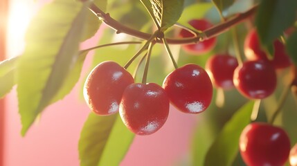 Obraz premium there are two cherries hanging from a tree with leaves