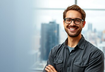 Obraz premium Portrait of a male engineer with a warm smile and a cityscape background