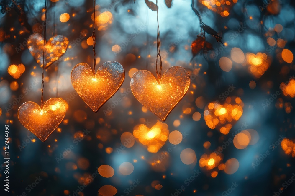Poster light hearts in a bokeh effect with soft focus, blending artistic patterns and subtle highlights.