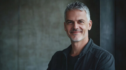 Obraz premium Confident mature businessman with grey hair and a beard, smiling in a modern office with a concrete wall backdrop