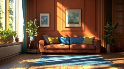 Sunlit living room with leather couch, plants, and artwork.