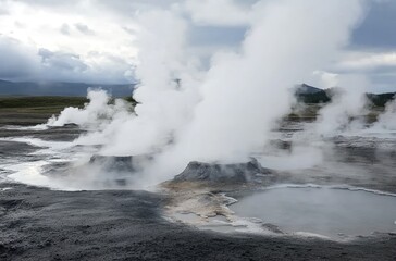 Obraz premium A hot spring in Iceland, surrounded by steam and geysers under cloudy skies.