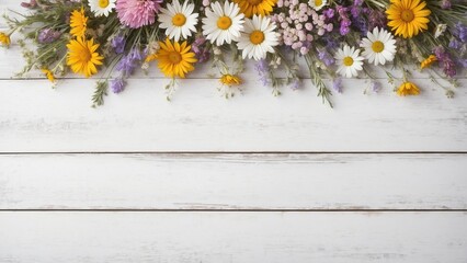 Obraz premium Rustic white wash wood board surface with wildflowers flat lay border mockup background