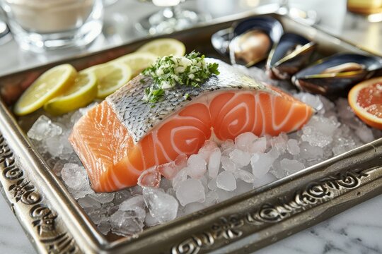 Delicious seafood spread featuring salmon, gambari, mussels, oysters, and fresh herbs and citrus