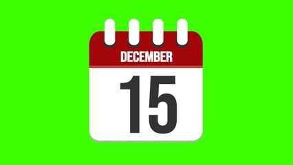 December 15. Cartoon style calendar. Cartoon style calendar with date and month name on green chroma key background. 4k.