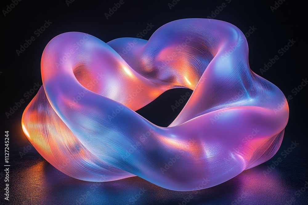 Poster abstract, iridescent, flowing form resembling a knot or interconnected loops, glowing with vibrant c