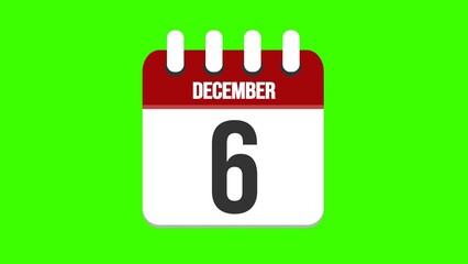 December 6. Cartoon style calendar. Cartoon style calendar with date and month name on green chroma key background. 4k.