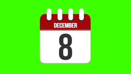 December 8. Cartoon style calendar. Cartoon style calendar with date and month name on green chroma key background. 4k.
