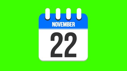 November 22. Cartoon style calendar. Cartoon style calendar with date and month name on green chroma key background. 4k.