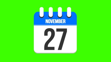 November 27. Cartoon style calendar. Cartoon style calendar with date and month name on green chroma key background. 4k.