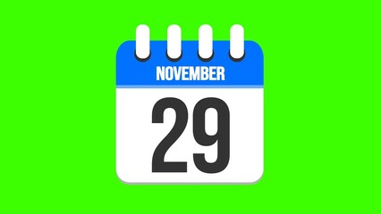 November 29. Cartoon style calendar. Cartoon style calendar with date and month name on green chroma key background. 4k.