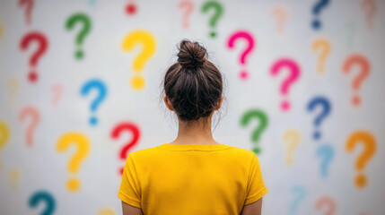 A woman in a yellow shirt stands facing colorful question marks, symbolizing curiosity or decision making