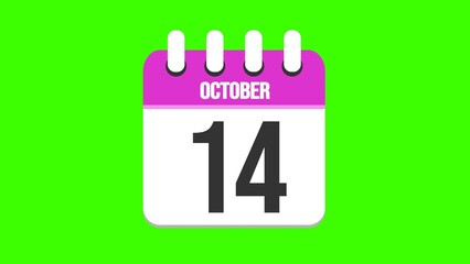 October 14. Cartoon style calendar. Cartoon style calendar with date and month name on green chroma key background. 4k.