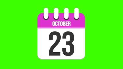 October 23. Cartoon style calendar. Cartoon style calendar with date and month name on green chroma key background. 4k.