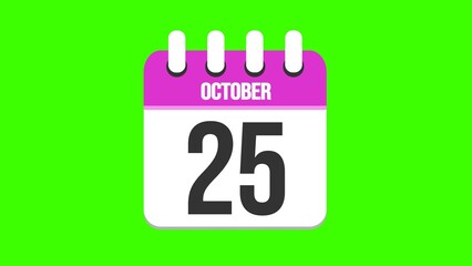 October 25. Cartoon style calendar. Cartoon style calendar with date and month name on green chroma key background. 4k.
