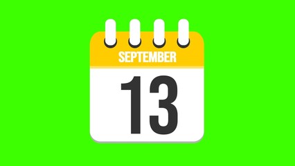 September 13. Cartoon style calendar. Cartoon style calendar with date and month name on green chroma key background. 4k.