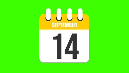 September 14. Cartoon style calendar. Cartoon style calendar with date and month name on green chroma key background. 4k.
