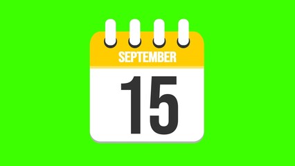September 15. Cartoon style calendar. Cartoon style calendar with date and month name on green chroma key background. 4k.