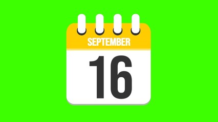 September 16. Cartoon style calendar. Cartoon style calendar with date and month name on green chroma key background. 4k.
