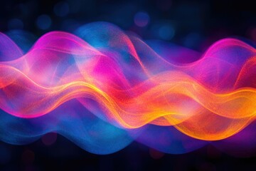 Abstract vibrant waves of pink, orange, and blue colors flowing in a dark background.